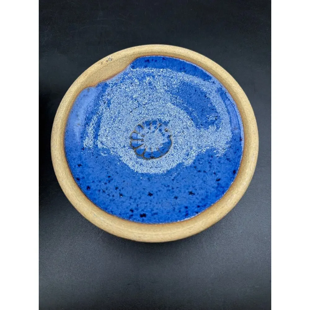 Vintage Mudflat Stoneware Cobalt Blue Covered Crock Canister Studio Pottery Hand